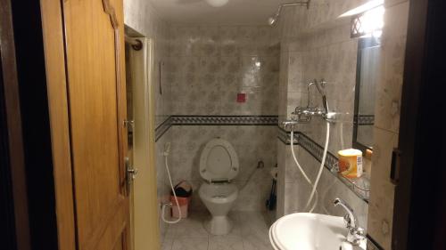 a small bathroom with a toilet and a sink at Temple House in Kathmandu