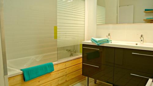 a bathroom with a sink and a shower and a tub at Little Suite - Théo in Lille