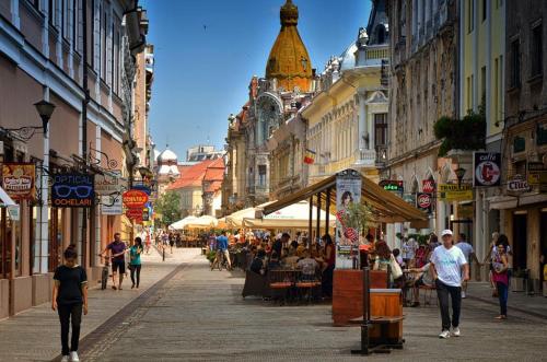 Un gruppo di persone che camminano per una strada cittadina di Regim Hotelier Pietonală a Oradea