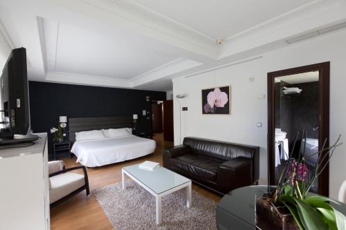 a living room with a bed and a couch at Hotel Rio Bidasoa in Hondarribia