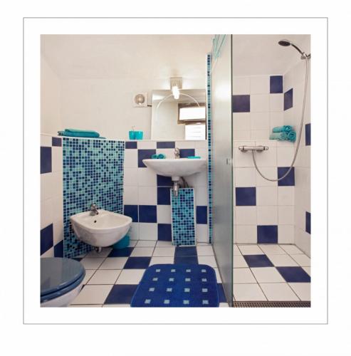 a bathroom with a sink and a toilet and a shower at Fraseneggi - Appartementen inclusief ontbijt in Maissana