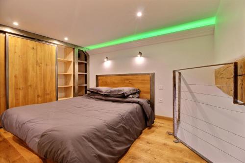 um quarto com uma cama com luz verde em TOULOUSE DUPLEX PLACE DU CAPITOLE em Toulouse