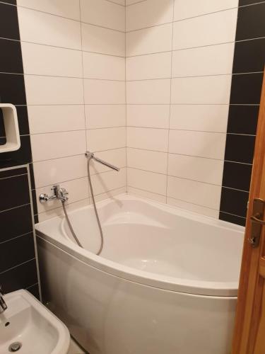 a bath tub with a shower in a bathroom at Hollywood Motel in Podlugovi