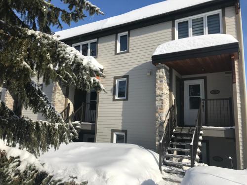 una casa en la nieve con un garaje en Le Chaleureux en Beaupré