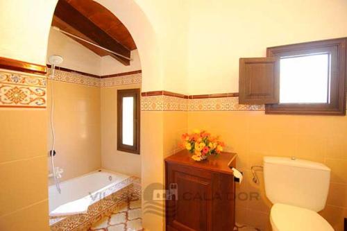 a bathroom with a toilet and a bath tub at Finca Can Jordi in Felanitx