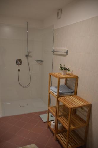 a bathroom with a shower and a shelf with towels at Haus Hofer in Barbiano