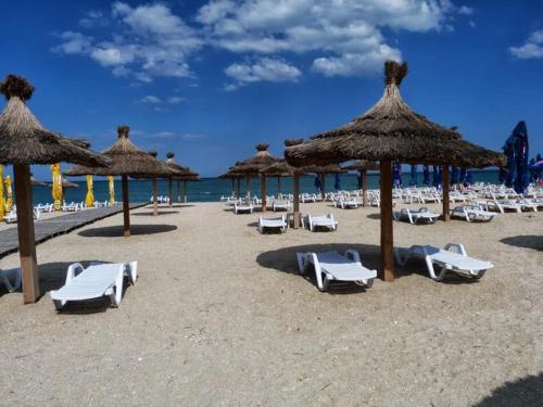 een strand met stoelen en rieten parasols en de oceaan bij Apartament Manu in Mamaia Nord – Năvodari