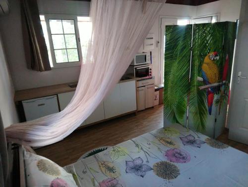 a kitchen with a bed with a curtain over it at Grenadier in La Trinité