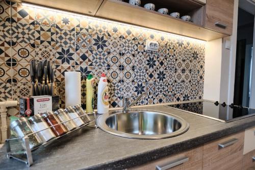 a kitchen counter with a sink and a tile wall at Fortress view apartment in Novi Sad