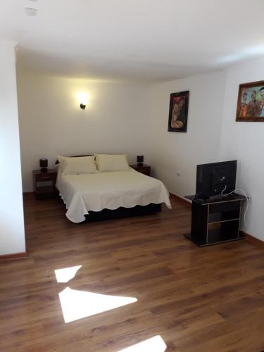 a bedroom with a bed and a flat screen tv at Mediterraneo Apartments (Recreo) in Viña del Mar