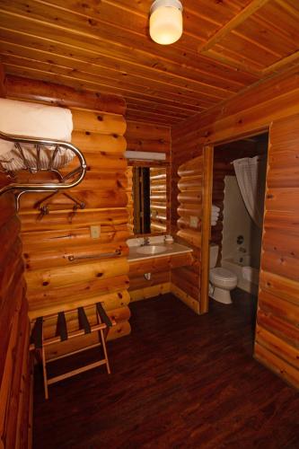 a log cabin bathroom with a toilet and a tub at The Lodge at Lolo Hot Springs in Lolo