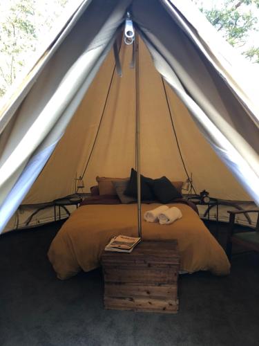 a bedroom with a bed in a tent at Garden Beds Glamping in Blackwood
