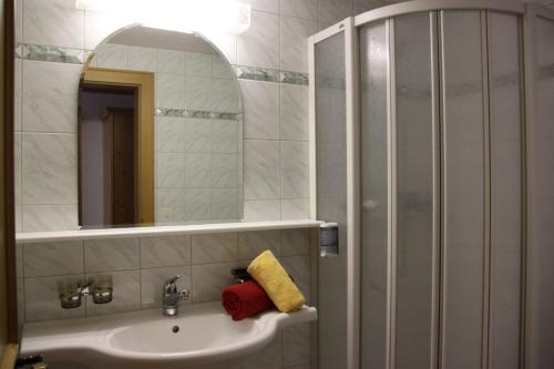 a bathroom with a sink and a mirror and a shower at Hotel Camona & Apart Walserhof in Samnaun