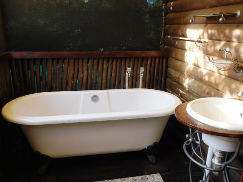 a bath tub and a sink in a bathroom at Isinkwe Bush Camp in Hluhluwe