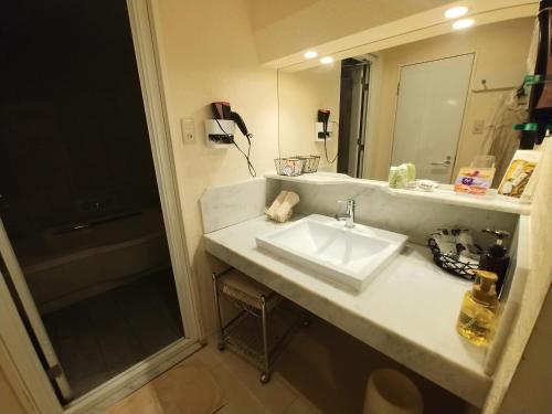 a bathroom with a sink and a mirror at Hotel Allure (Adult Only) in Nagoya