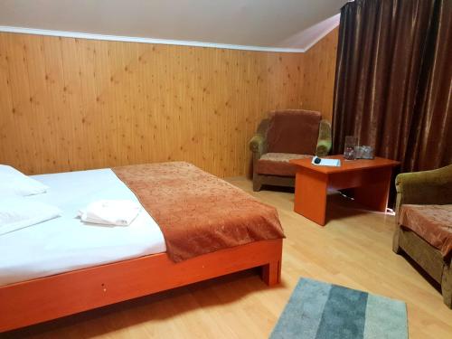 um quarto com uma cama, uma cadeira e uma mesa em Pensiunea Valea Negrasului em Trăisteni