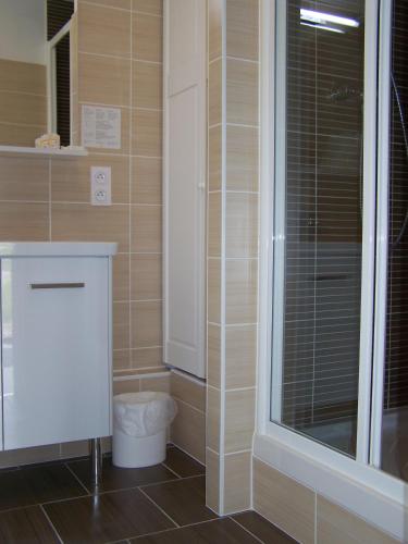 a bathroom with a toilet and a glass shower at Hôtel Le Verger in Saint Laurent Nouan