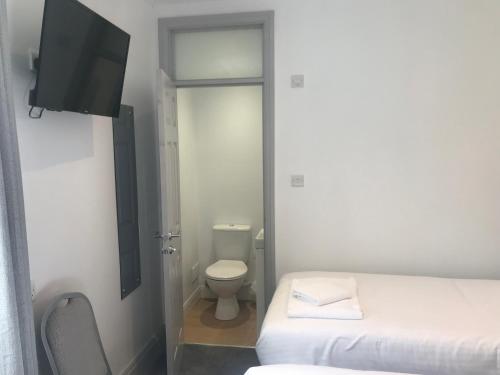 a bathroom with a toilet and a television in a room at The Lake House in Plymouth