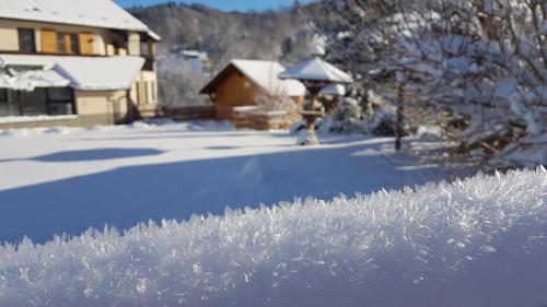 a yard covered in snow with a house in the background at Hotel STARÝ MLÝN in Jeseník