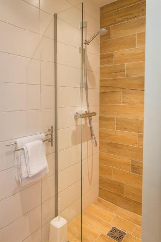 a shower with a glass door in a bathroom at Bed & Breakfast Van Marion in Oostvoorne