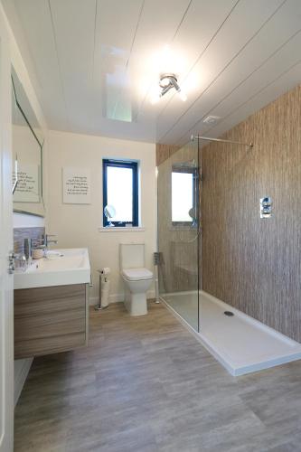 a bathroom with a shower and a sink and a toilet at Dunnet B&B Escapes in Dunnet