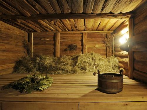 an inside of a wooden cabin with a bucket at Sobi Hotel in Vyshhorod