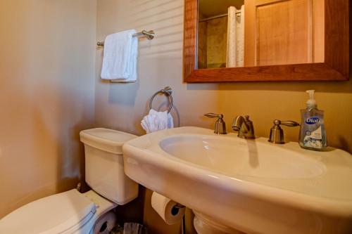 een badkamer met een wastafel, een toilet en een spiegel bij Cabana #11 in Chelan