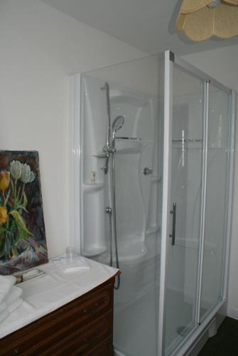 La salle de bains est pourvue d'une cabine de douche en verre. dans l'établissement lantrennou, à Feunteun-Ven