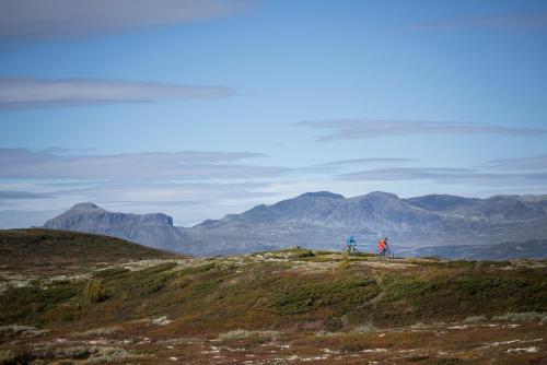 two people riding bikes on a hill with mountains in the background at Liapark in Ål