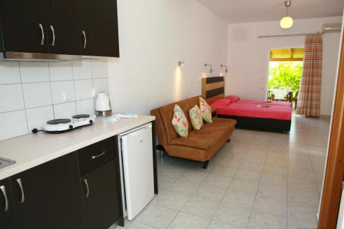 a kitchen and a living room with a couch at Villa Thomas Valtos beach in Parga