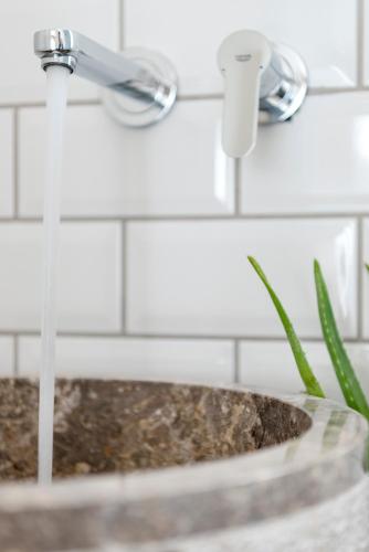 a sink in a bathroom with a faucet and a plant at Maryflower Premium Apartments Piraeus in Piraeus