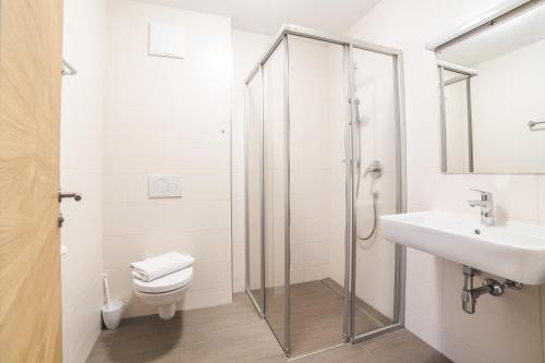 a bathroom with a shower and a toilet and a sink at Apart Söllbacherhof in Fügen