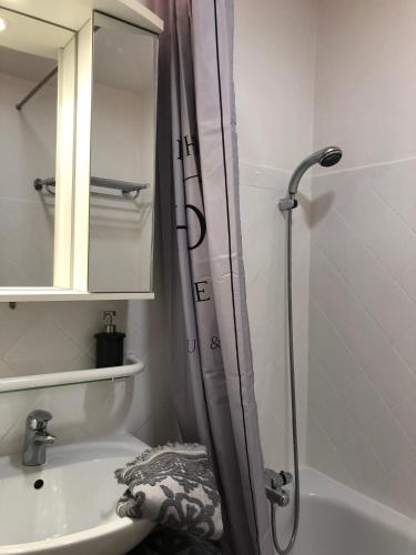 une salle de bain avec douche et lavabo dans l'établissement L'authentique, à Honfleur