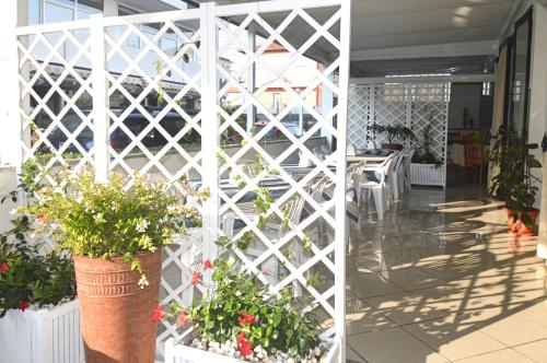 a white fence with potted plants in a restaurant at Hotel Karin in Rimini