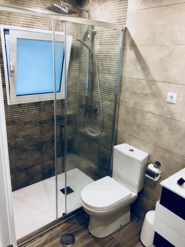 a bathroom with a toilet and a glass shower at Cabo de palos subida al faro in Cabo de Palos