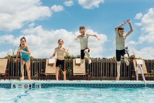 a group of people jumping into a swimming pool at Lake House at High Peaks Resort in Lake Placid