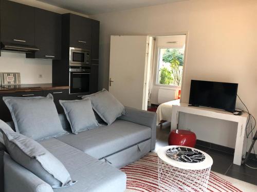 un salon avec un canapé et une télévision dans l'établissement Superbe Deux pièces Vue Mer avec jardin, à Trouville-sur-Mer