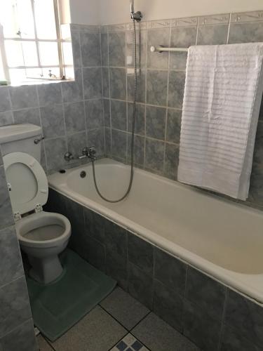 a bathroom with a toilet and a tub with a shower at Lala’s guest house in Johannesburg
