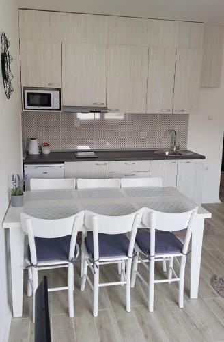 a kitchen with a table and chairs and a counter at Apartments Spring in Čačak