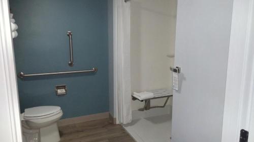 a bathroom with a toilet and a shower stall at Rockland Harbor Hotel in Rockland