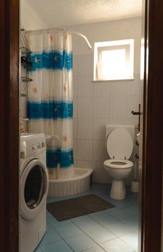 a bathroom with a toilet and a shower curtain at Njofra Banj in Banj