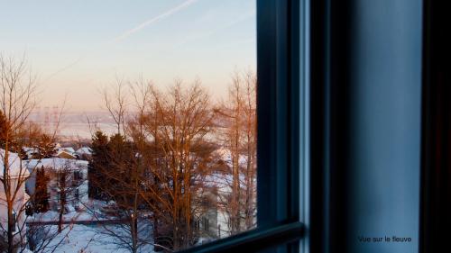 a window with a view of a snow covered field at INITIAL - CAVALIER - Chutes-Montmorency in Boischâtel