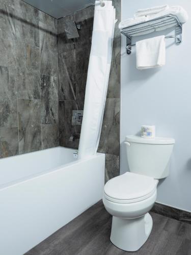 a bathroom with a white toilet and a bath tub at Argyll Plaza Hotel in Edmonton