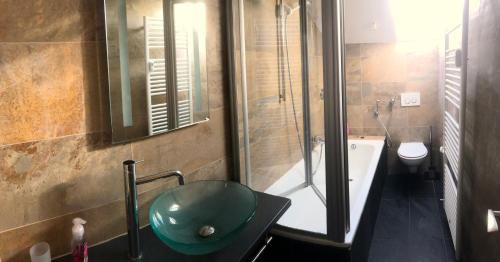 a bathroom with a sink and a shower and a toilet at Yeti Lux - Panoramic Loft in Garmisch-Partenkirchen