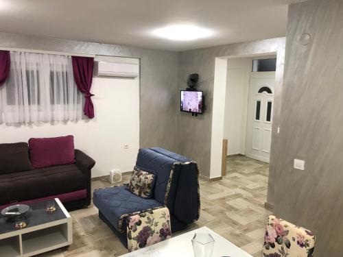 een woonkamer met een bank en een tv bij J&B LUX Apartment in Herceg-Novi