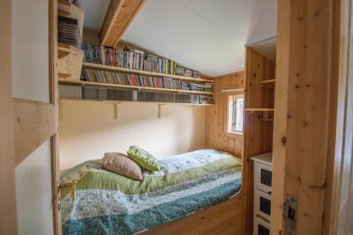 a small bed in a small room with bookshelves at Midt Troms Perle in Finnsnes