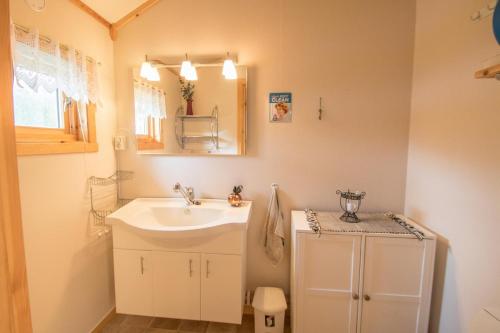 a bathroom with a sink and a mirror at Midt Troms Perle in Finnsnes