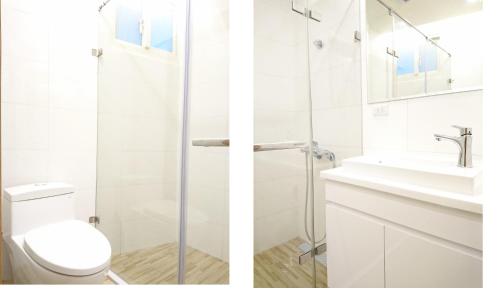 Zwei Bilder eines Badezimmers mit Toilette und Waschbecken in der Unterkunft Chien Ching B&B in Jiufen