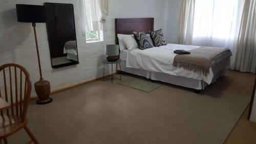 1 dormitorio con cama, espejo y silla en loft 33, en Pietermaritzburg