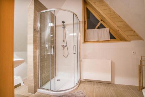 a shower in a bathroom with a vaulted ceiling at Domek Góralski na Gubałówce in Zakopane